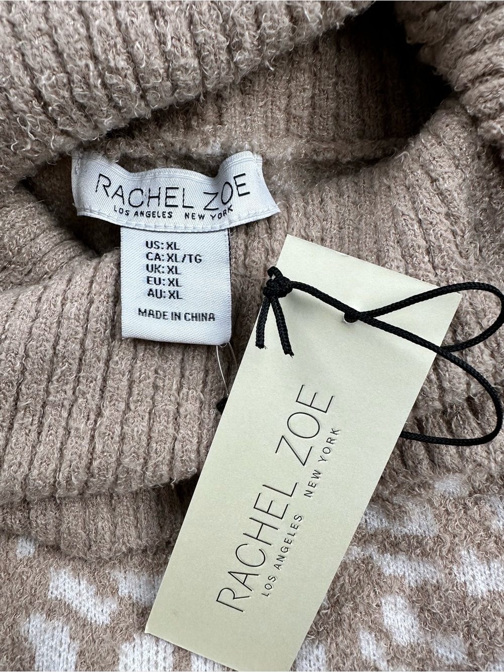 RACHEL ZOE Tan White Animal Printed Soft Cowl Neck Sweater Women's Size XL - Picture 9 of 10